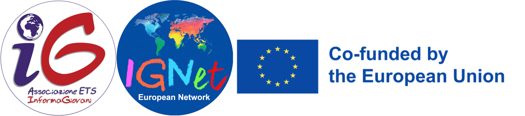 Three logos. IG Association, IGNet Network with  a coloured world map and the european flag with the text "Co-funded by the E