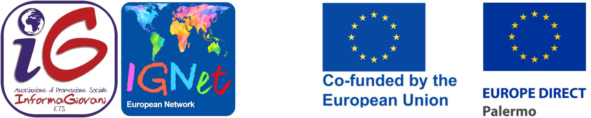 Four logos representing Associazione InformaGiovani and IGNet Network and showing the support of the European Union